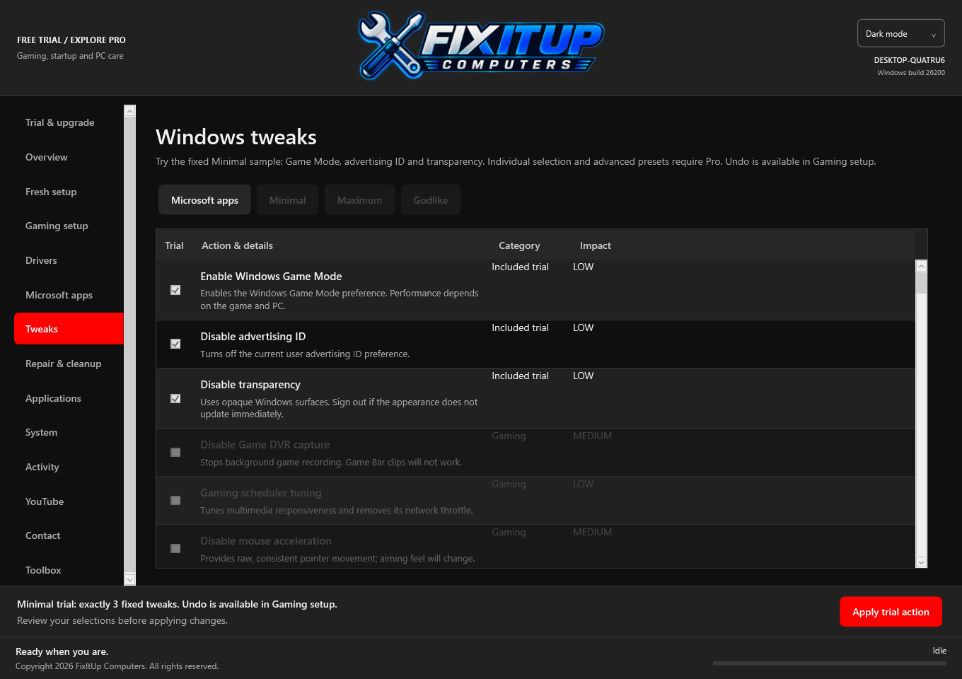 FixItUp Pro trial showing three included tweaks and locked Pro previews